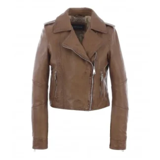 Alizee Cognac - Blouson Asymetrique Court En Cuir Veritable Effet Lave^OAKWOOD New