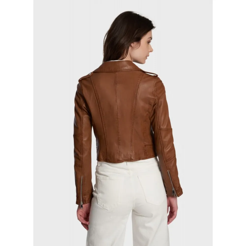 Alizee Cognac - Blouson Asymetrique Court En Cuir Veritable Effet Lave^OAKWOOD New