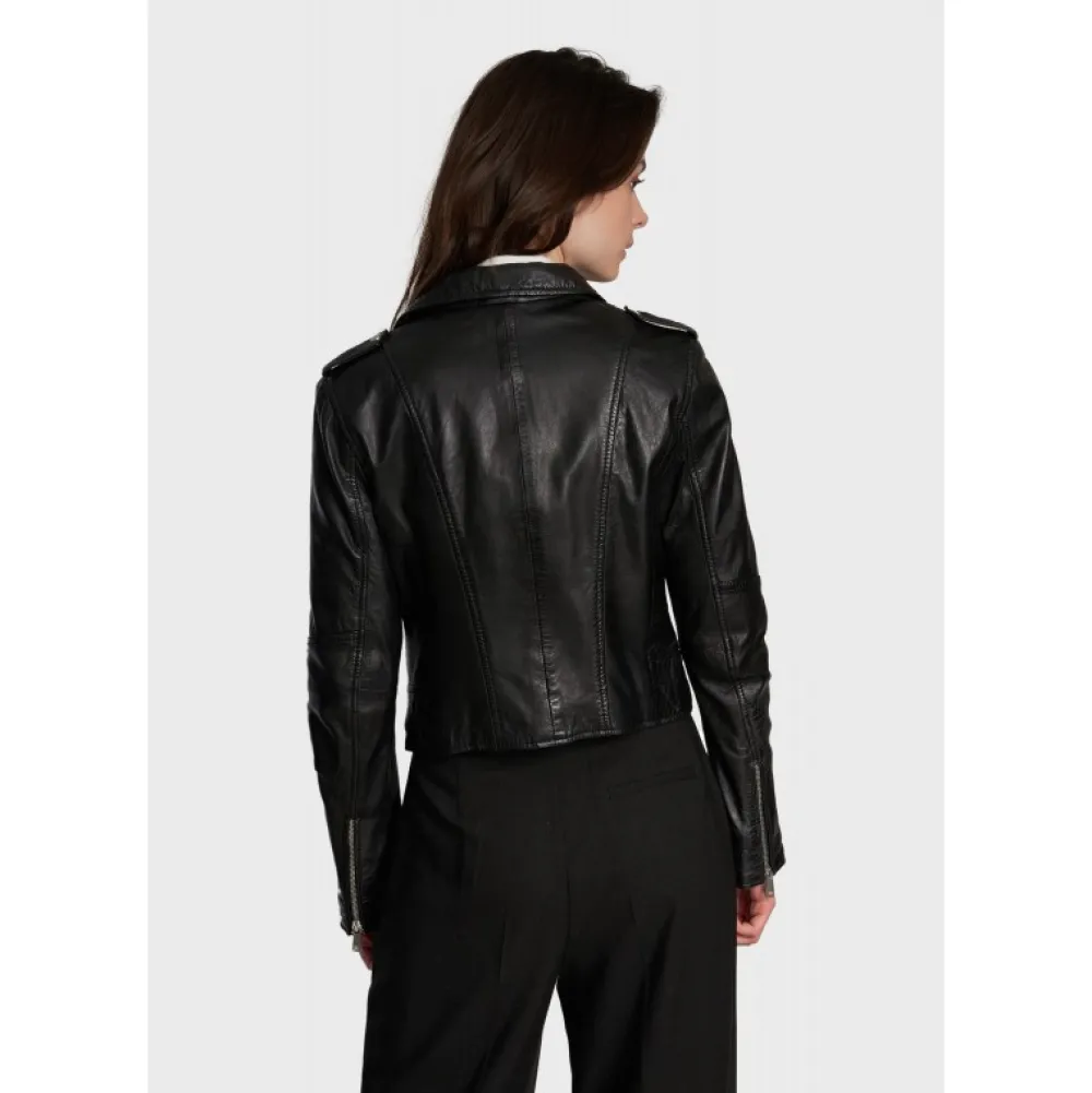 Alizee Noir - Blouson Asymetrique Court En Cuir Veritable Effet Lave^OAKWOOD Shop