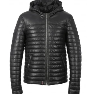 Aurelien Bleu Fonce - Doudoune En Cuir Veritable Bicolore A Capuche^OAKWOOD Best