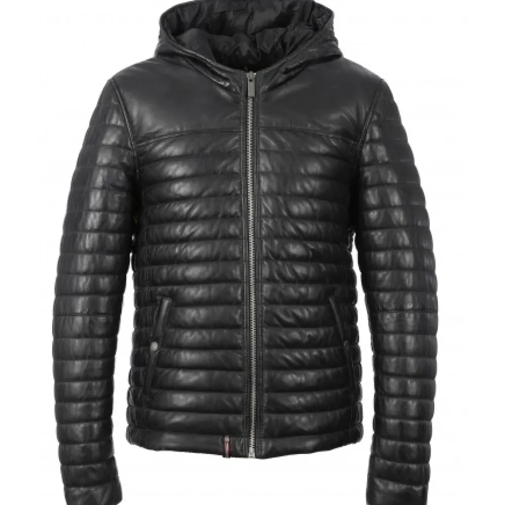 Aurelien Bleu Fonce - Doudoune En Cuir Veritable Bicolore A Capuche^OAKWOOD Best