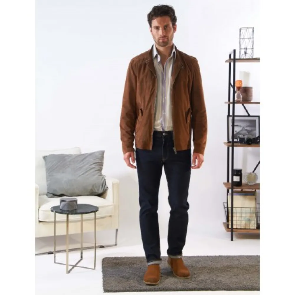 Chicago Cognac - Blouson Elegant En Cuir Veritable Col Mao A Pressions Et Ceinture Teddy^OAKWOOD Clearance