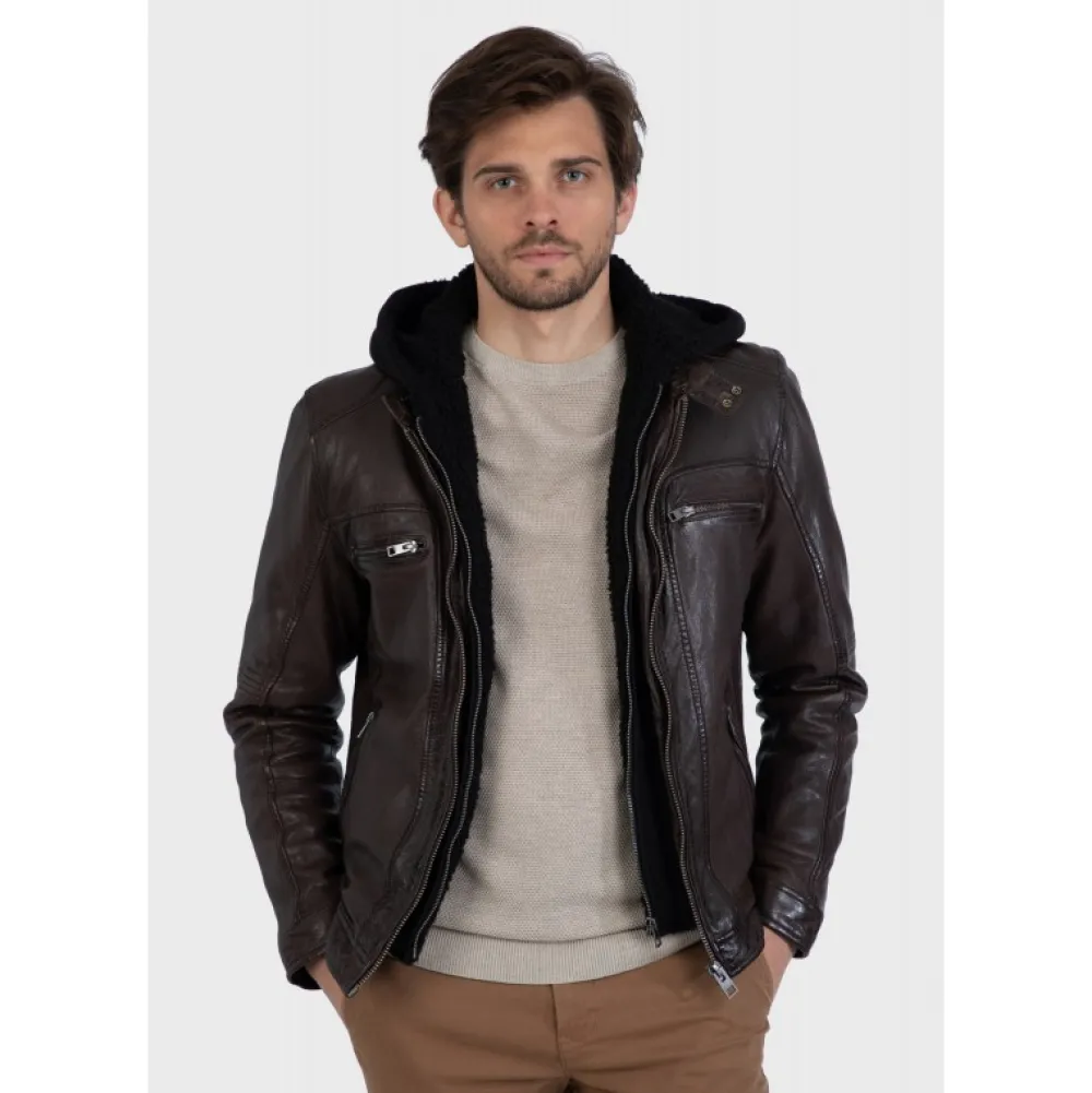 Drink Marron - Blouson En Cuir Veritable A Capuche Amovible^OAKWOOD Discount