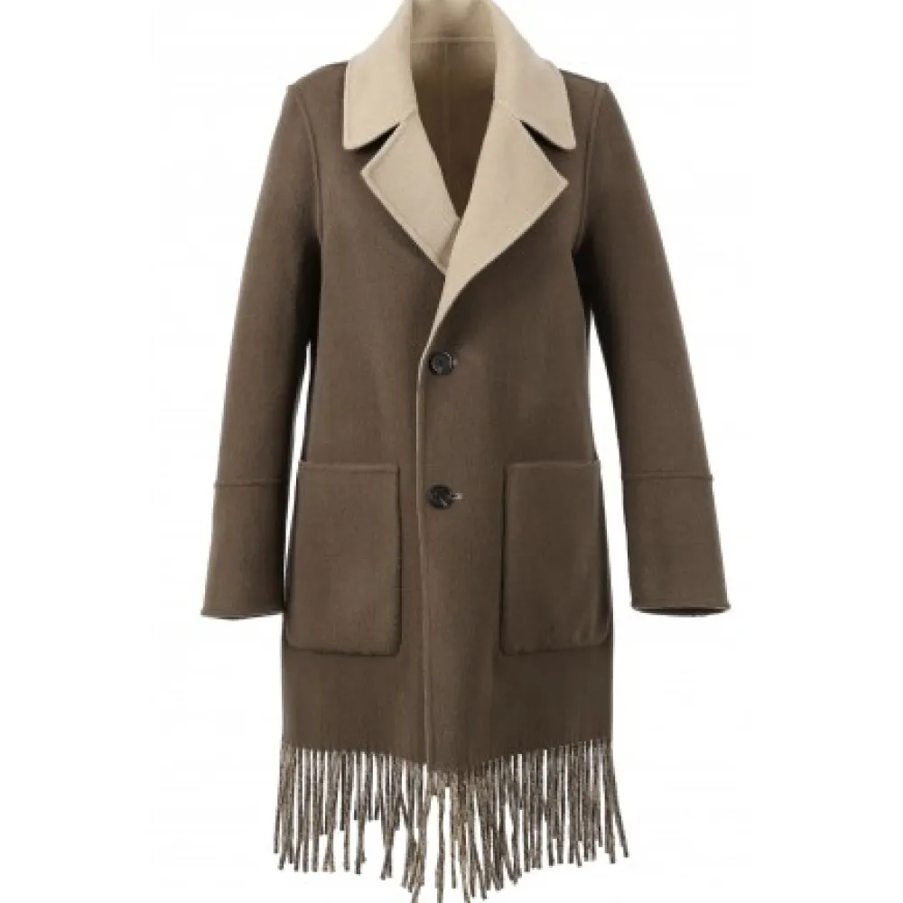 Fabienne Bi Kaki Fonce - Manteau En Laine Mi-Long Reversible Et A Franges^OAKWOOD Hot