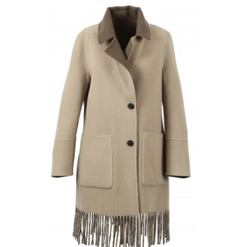 Fabienne Bi Kaki Fonce - Manteau En Laine Mi-Long Reversible Et A Franges^OAKWOOD Hot