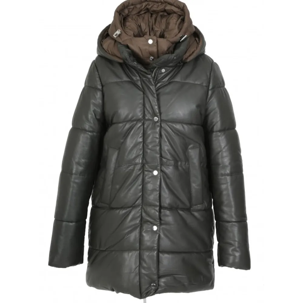 Fancy Kaki Fonce - Doudoune Mi-Longue En Cuir Veritable Avec Capuches Amovibles^OAKWOOD Online