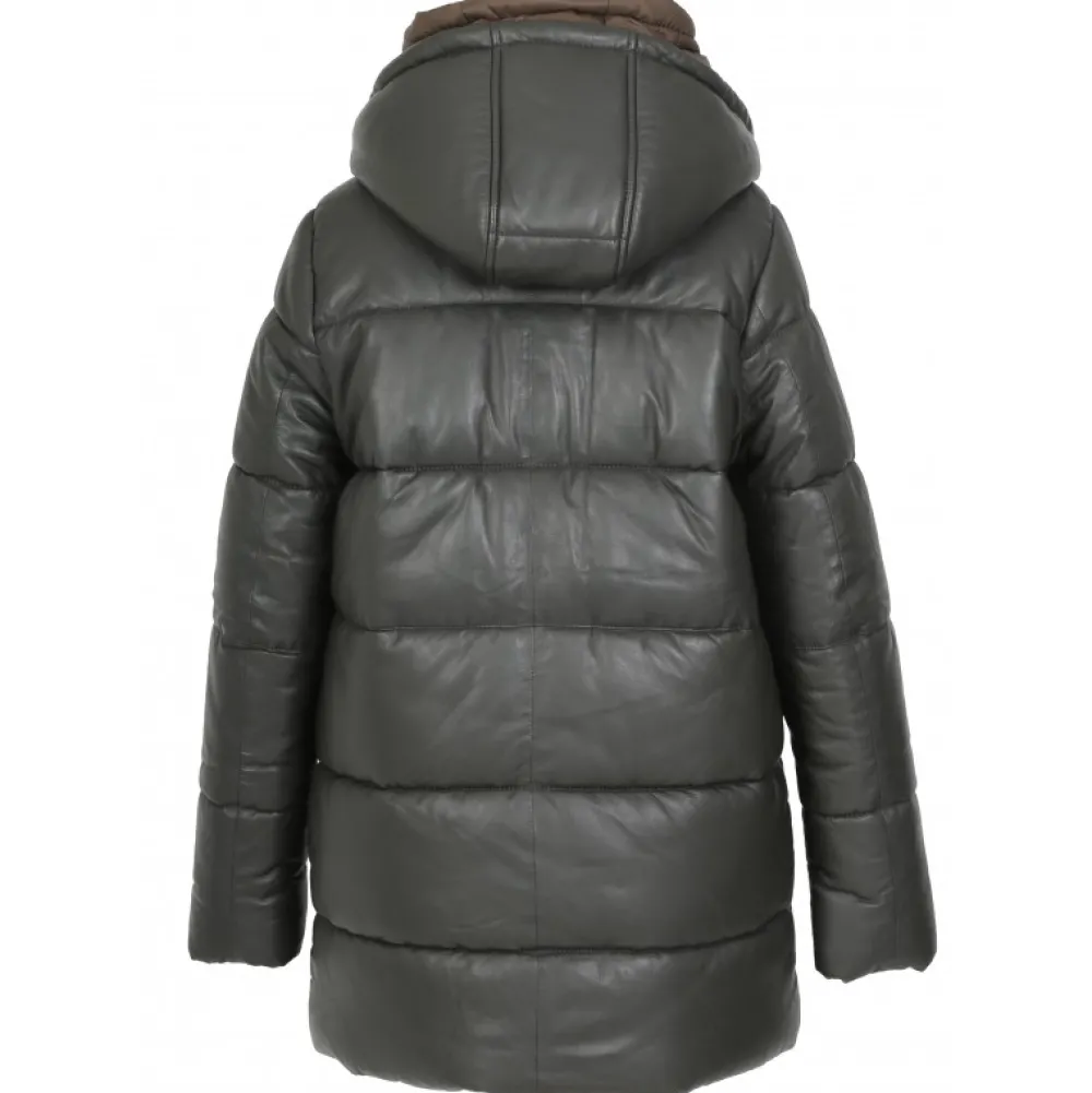 Fancy Kaki Fonce - Doudoune Mi-Longue En Cuir Veritable Avec Capuches Amovibles^OAKWOOD Online