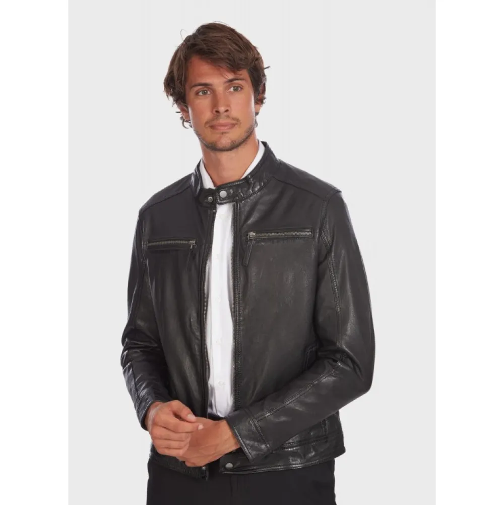 Gilles 6 Noir - Blouson En Cuir Veritable Col Mao A Bouton Pression^OAKWOOD Discount