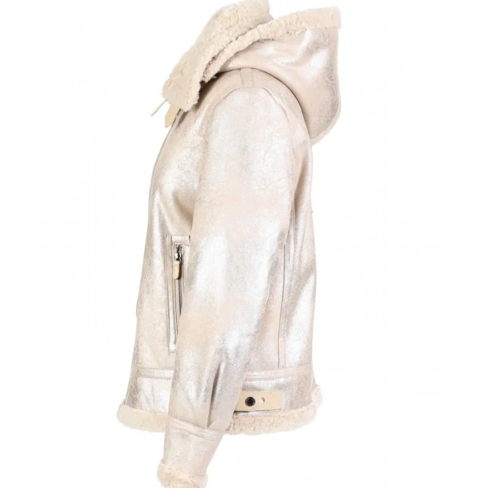 Gloria Platine - Bombardier Court A Capuche En Tissu Effet Mouton Retourne^OAKWOOD Outlet