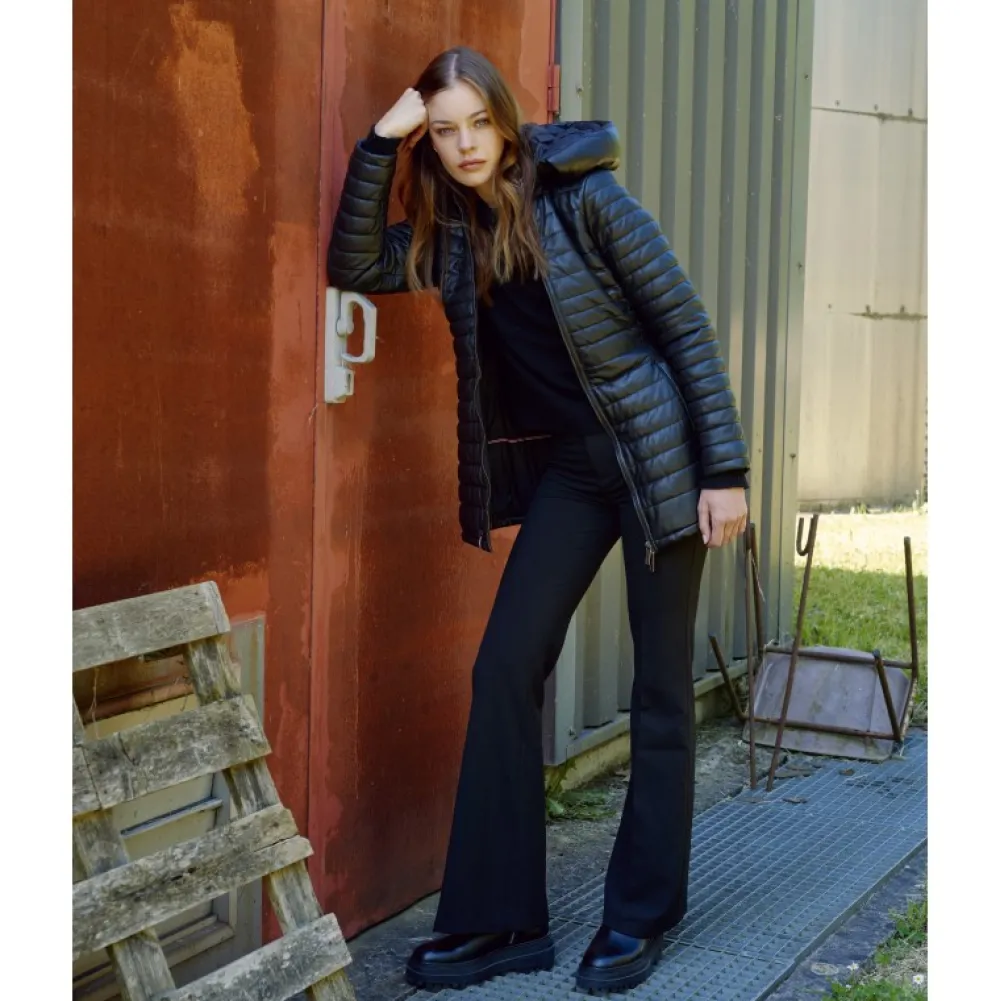 Hopper Noir - Doudoune Mi-Longue En Cuir Veritable Capuche A Revers^OAKWOOD Clearance