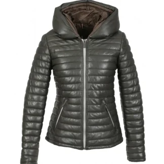 Hyper Kaki Fonce - Doudoune Courte En Cuir Veritable Capuche A Revers^OAKWOOD Store