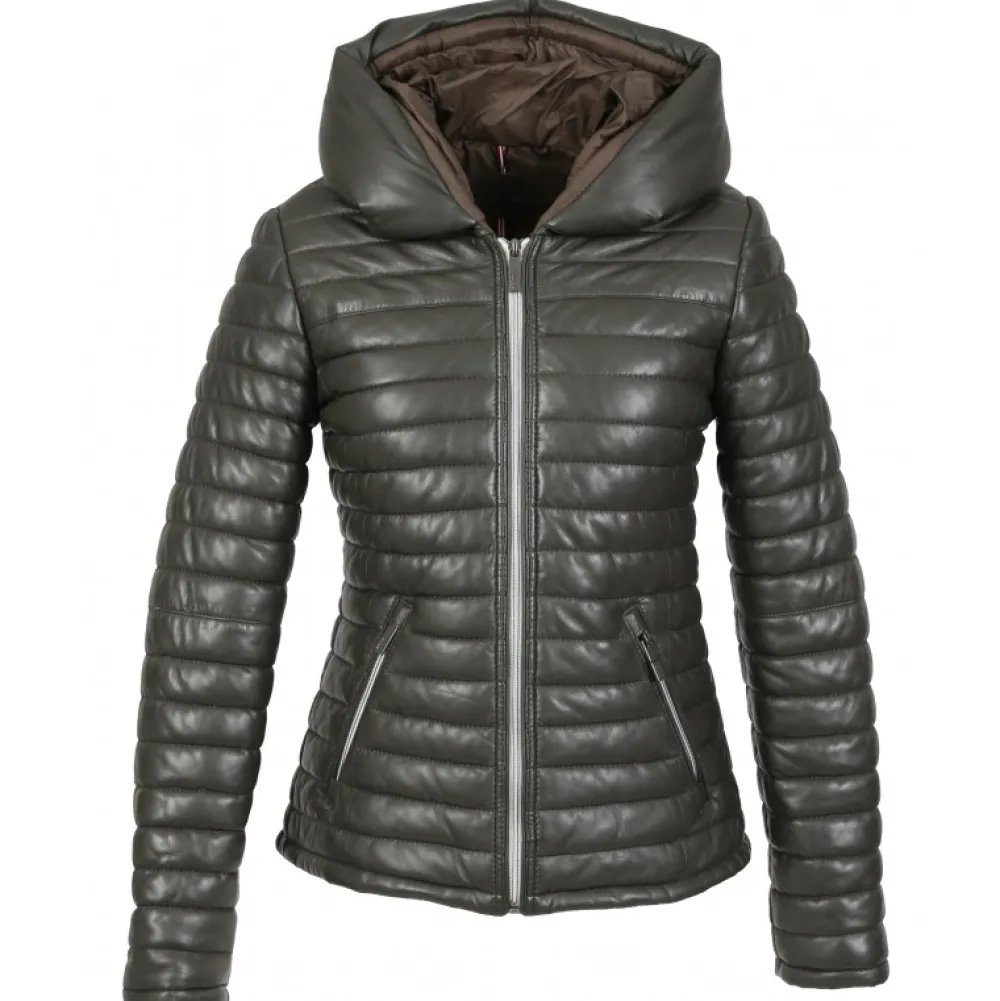 Hyper Kaki Fonce - Doudoune Courte En Cuir Veritable Capuche A Revers^OAKWOOD Store