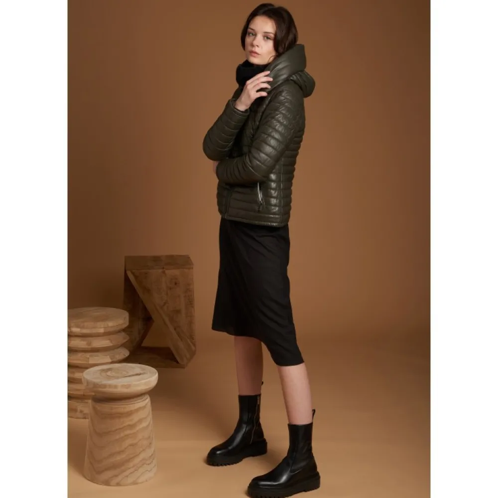 Hyper Kaki Fonce - Doudoune Courte En Cuir Veritable Capuche A Revers^OAKWOOD Store