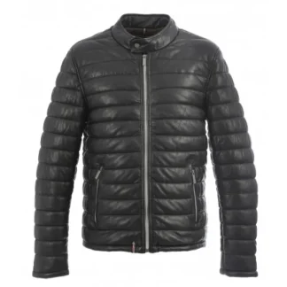 Julien Noir - Doudoune En Cuir Veritable Avec Col Mao Pressionne^OAKWOOD New