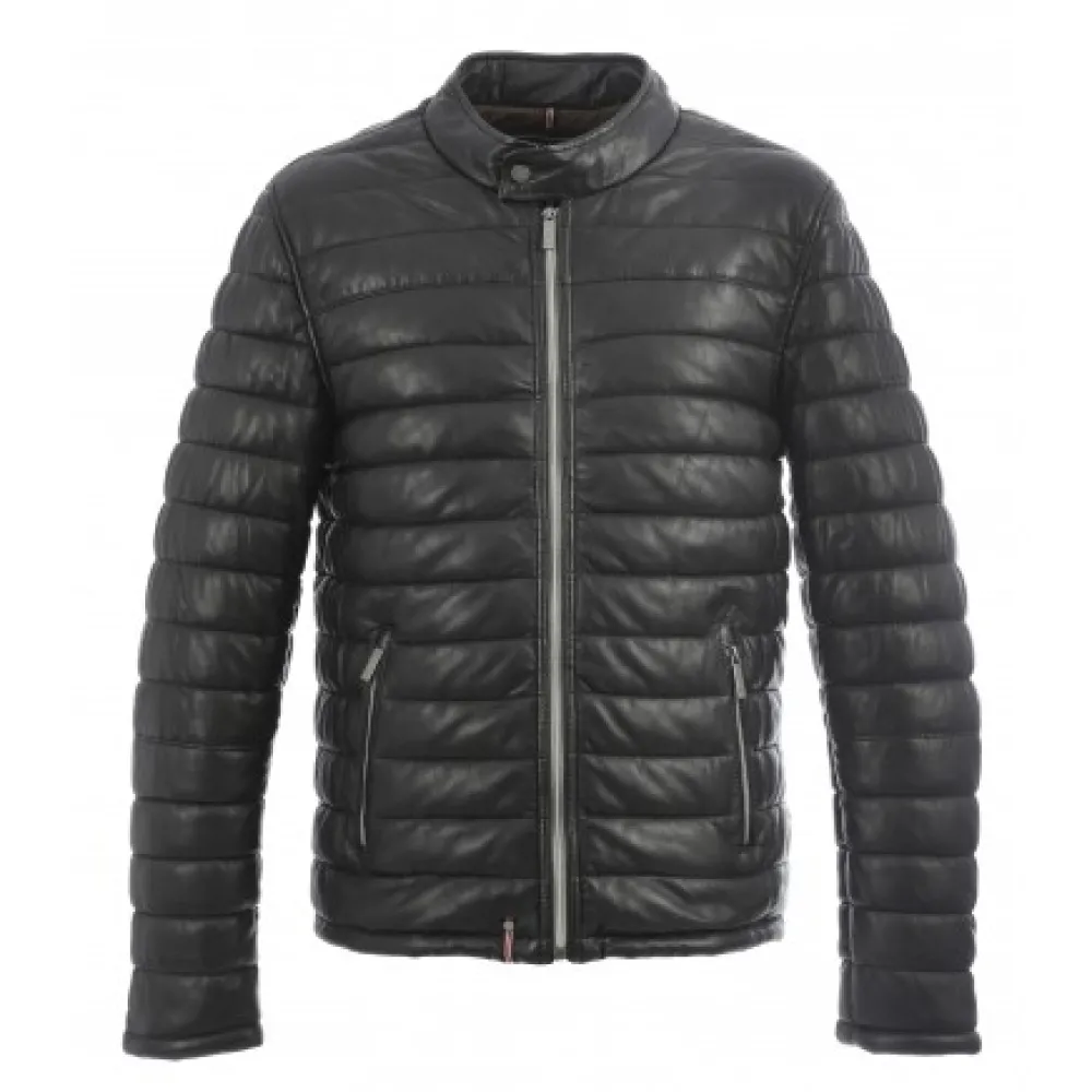 Julien Noir - Doudoune En Cuir Veritable Avec Col Mao Pressionne^OAKWOOD New