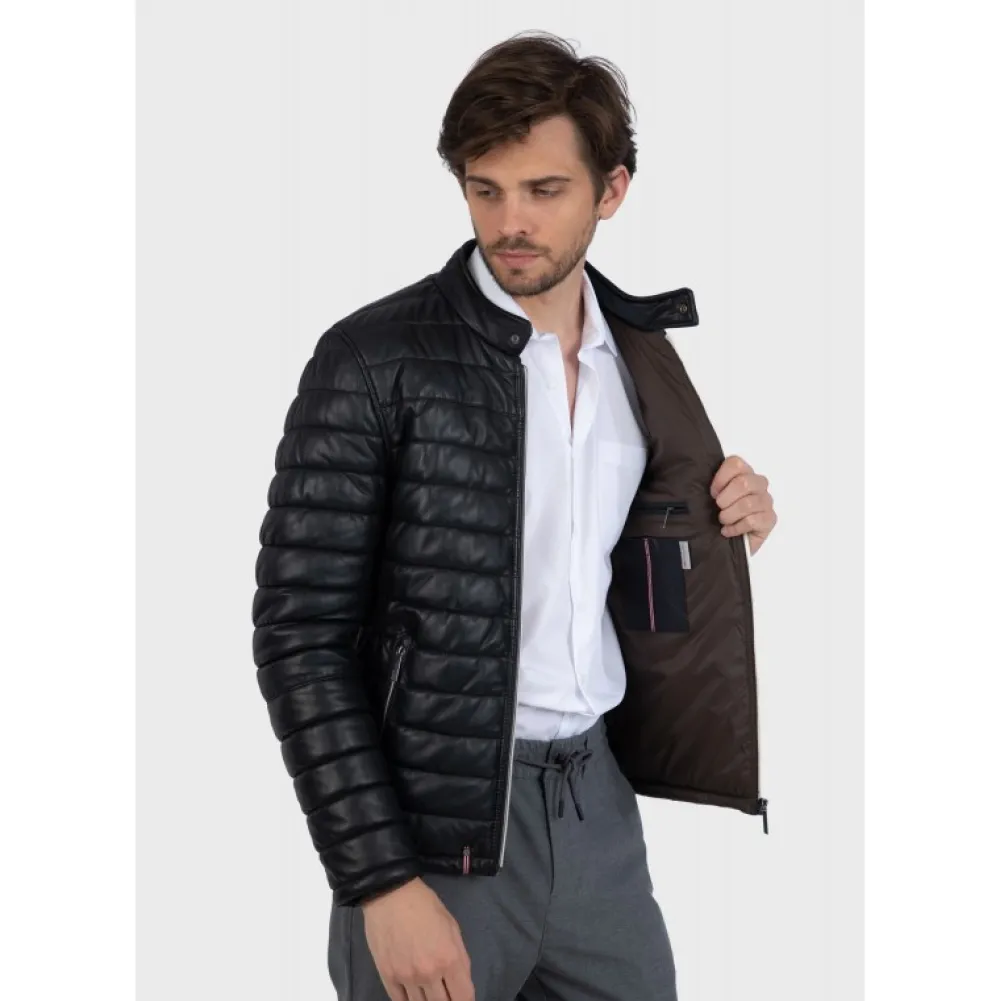 Julien Noir - Doudoune En Cuir Veritable Avec Col Mao Pressionne^OAKWOOD New