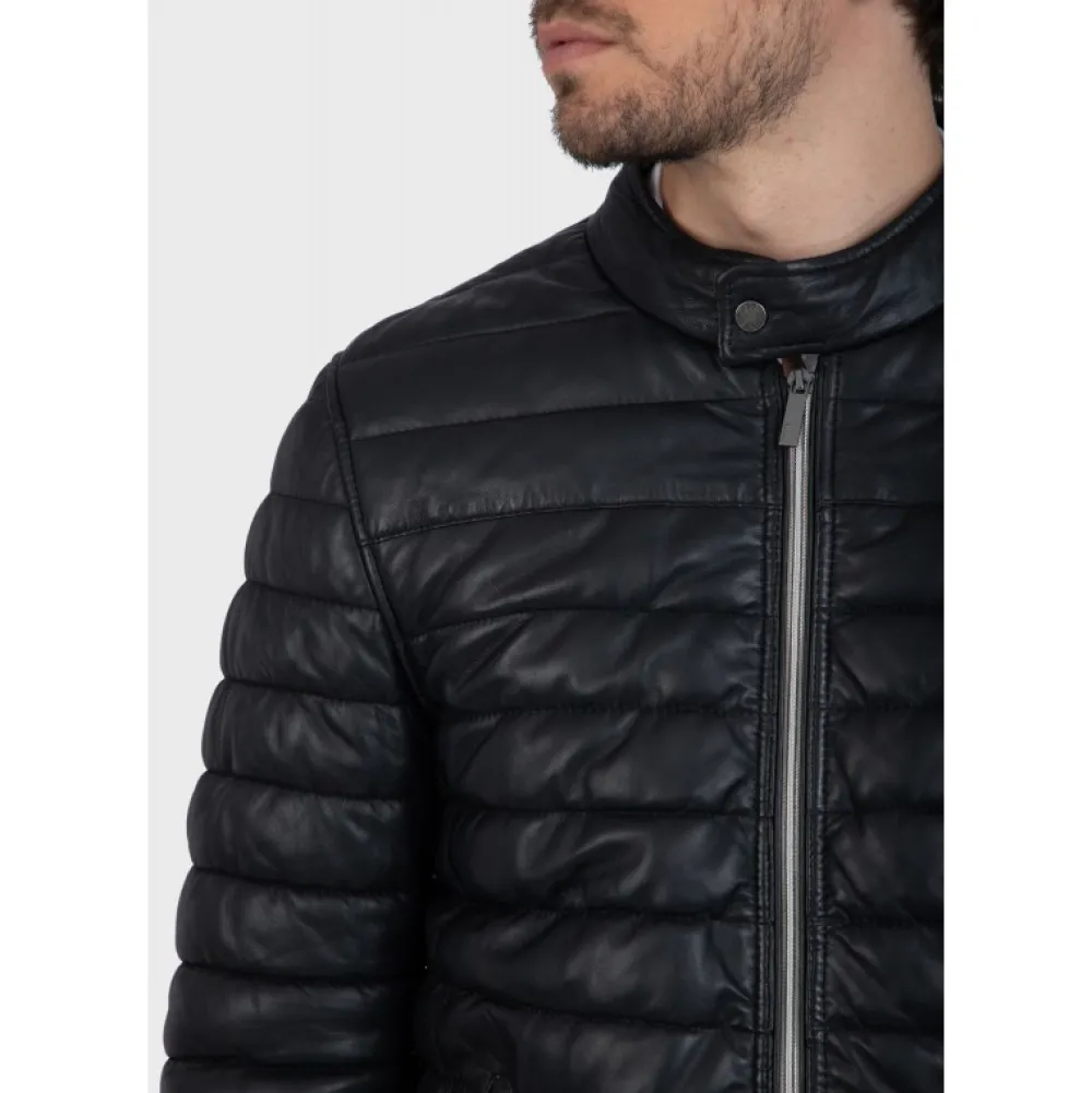 Julien Noir - Doudoune En Cuir Veritable Avec Col Mao Pressionne^OAKWOOD New