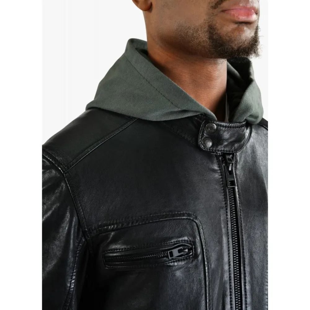 Kingsley Noir - Blouson En Cuir Veritable Effet Lave & Capuche Amovible^OAKWOOD Online