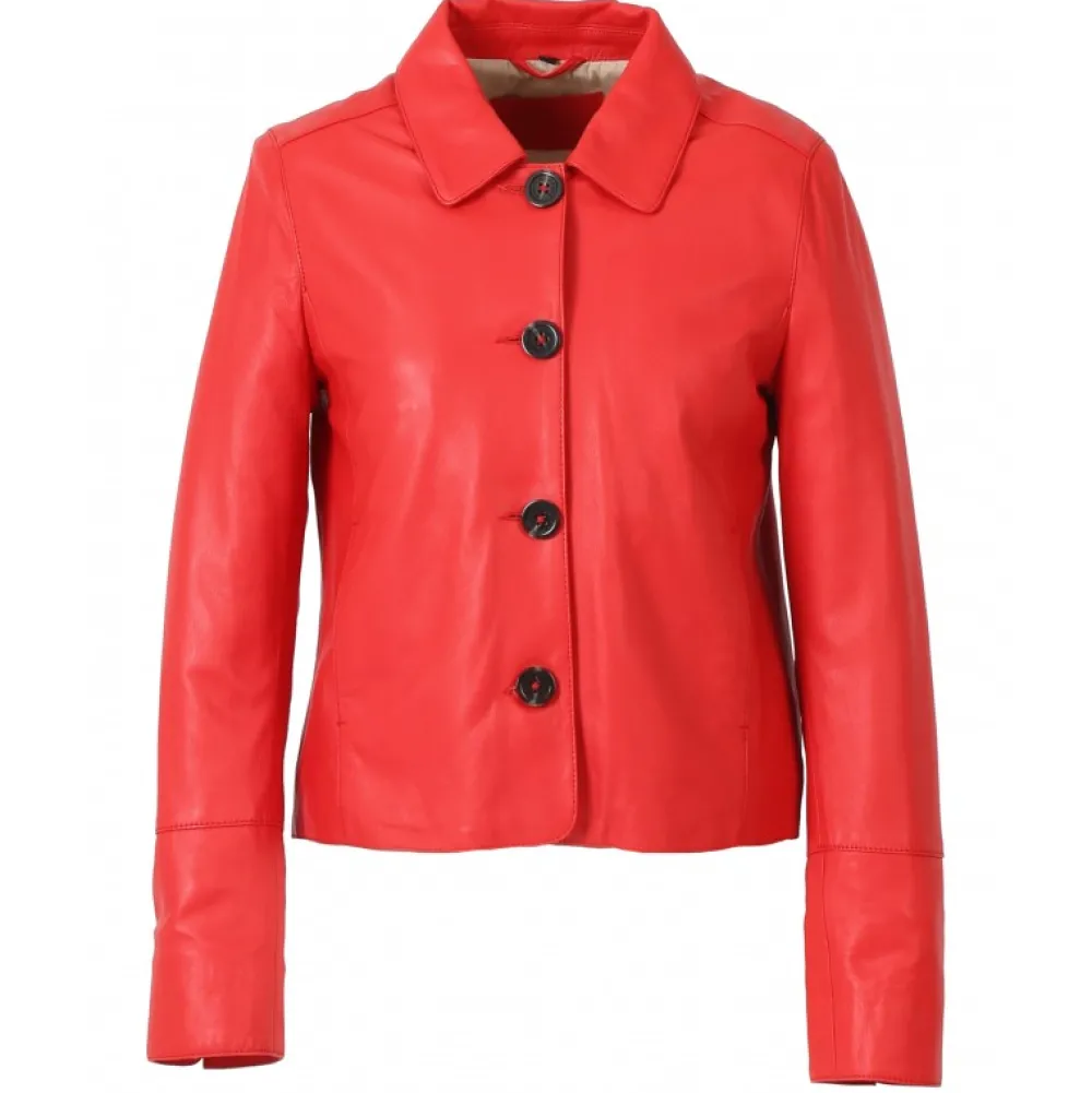 Leslie Rouge Fonce - Veste Courte Col Chemise En Cuir Veritable^OAKWOOD Flash Sale