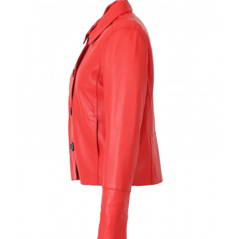 Leslie Rouge Fonce - Veste Courte Col Chemise En Cuir Veritable^OAKWOOD Flash Sale