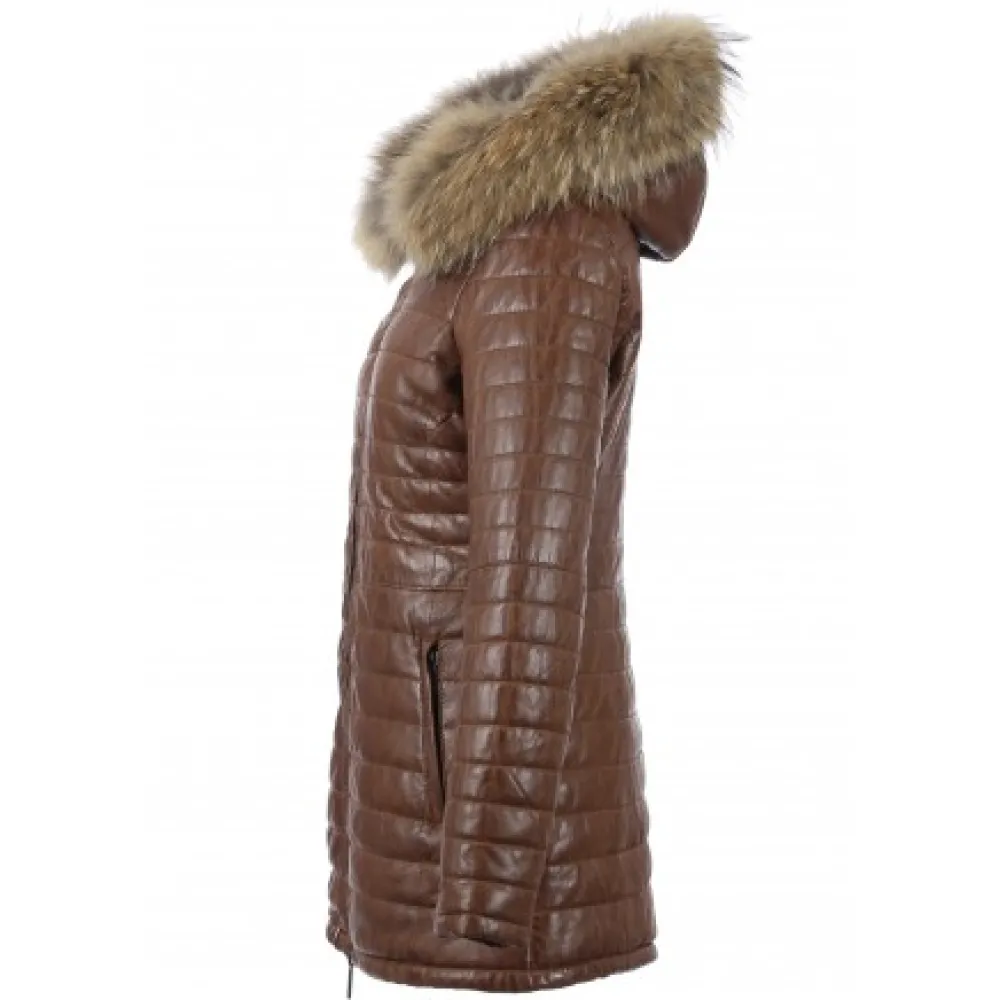 Popping Cognac - Doudoune Longue En Cuir Veritable Bicolore^OAKWOOD New