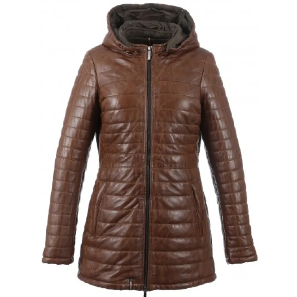 Popping Cognac - Doudoune Longue En Cuir Veritable Bicolore^OAKWOOD New