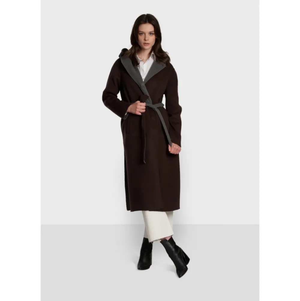 Positano Bi Marron Fonce/Gris - Manteau Long En Laine A Capuche^OAKWOOD Shop