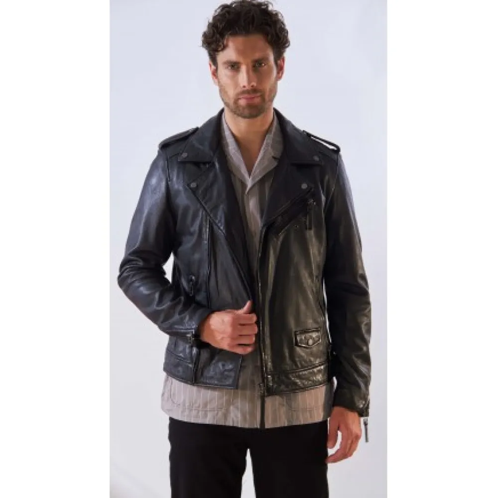 Soldier Noir - Blouson Biker A Fermeture Asymetrique En Cuir Veritable Effet Lave^OAKWOOD Cheap