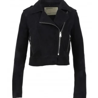 Zulina Bleu Marine - Blouson Biker Court Cuir Veritable Chevre Velours^OAKWOOD Discount
