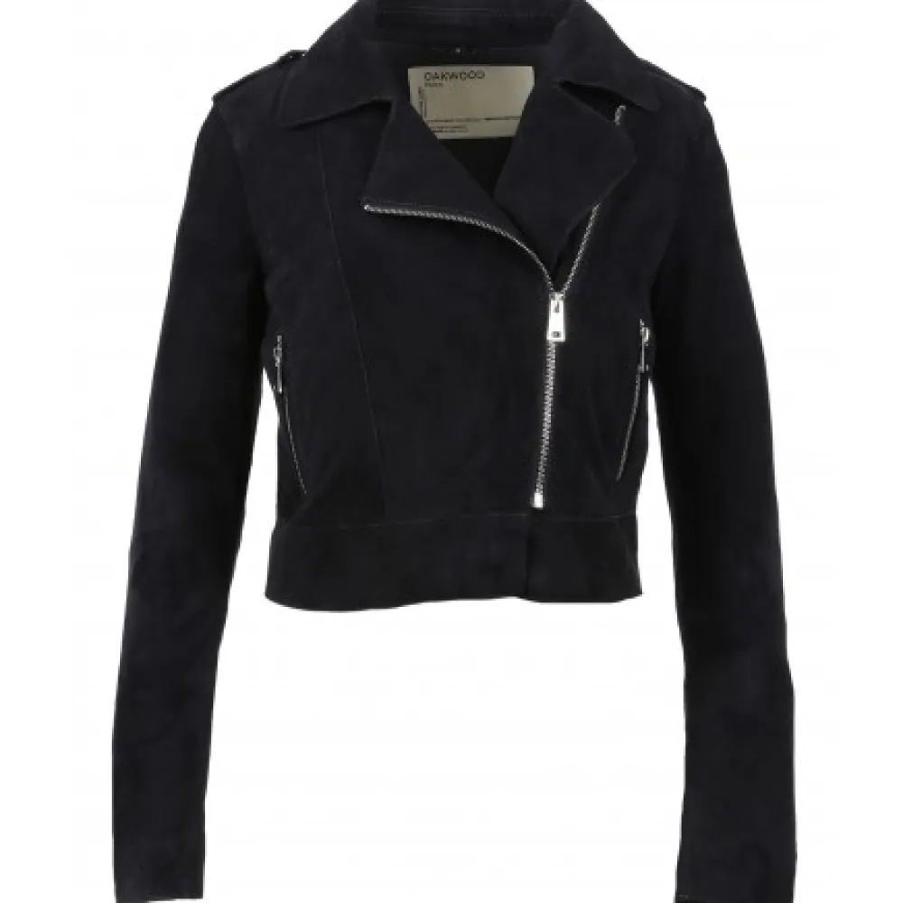 Zulina Bleu Marine - Blouson Biker Court Cuir Veritable Chevre Velours^OAKWOOD Discount