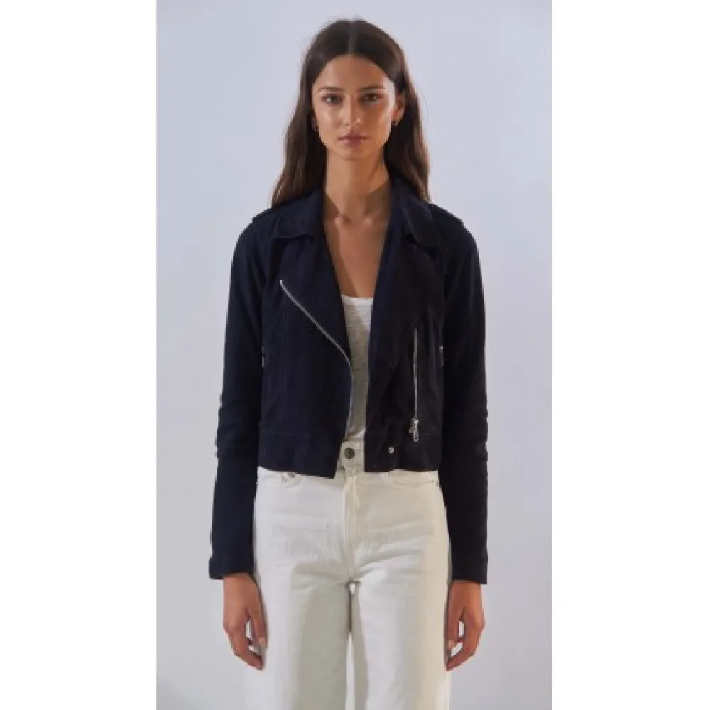 Zulina Bleu Marine - Blouson Biker Court Cuir Veritable Chevre Velours^OAKWOOD Discount