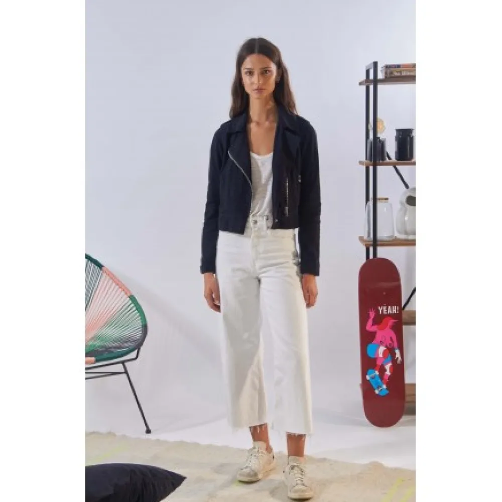 Zulina Bleu Marine - Blouson Biker Court Cuir Veritable Chevre Velours^OAKWOOD Discount