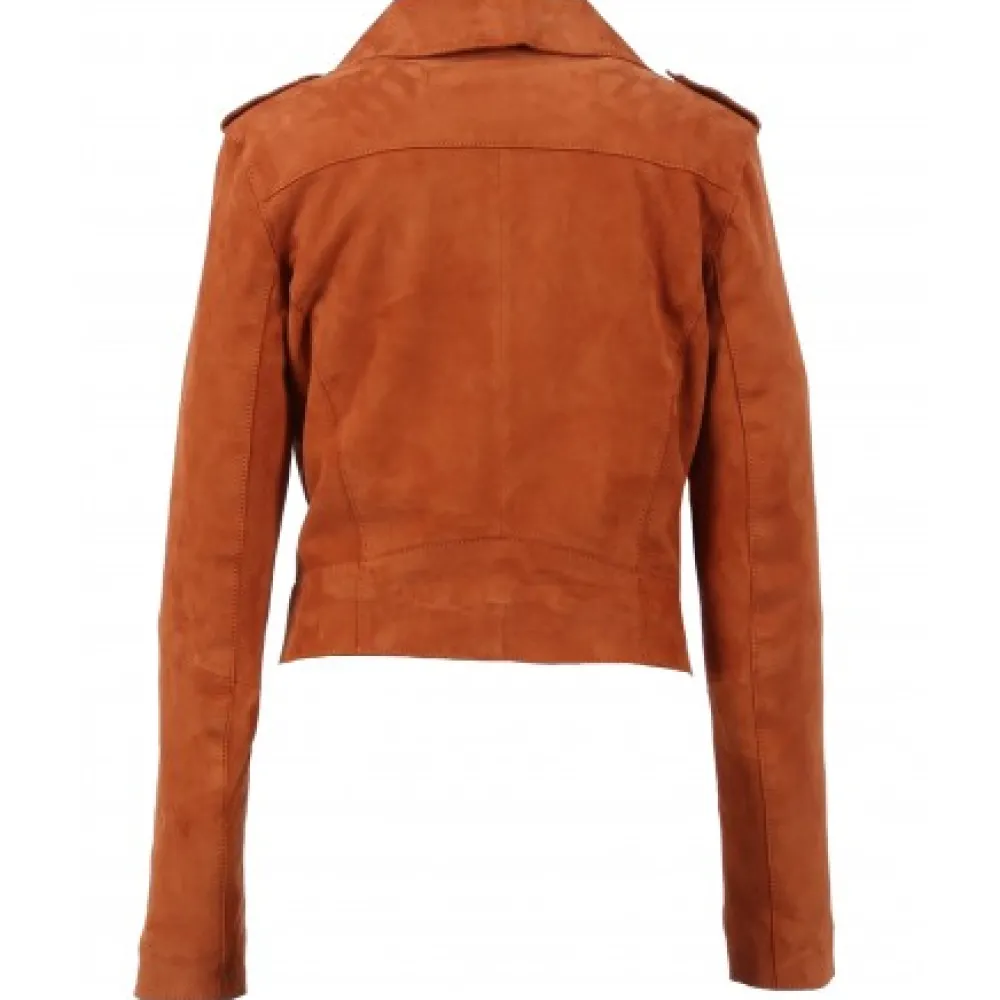 Zulina Orange- Blouson Biker Court Cuir Veritable Chevre Velours^OAKWOOD Store