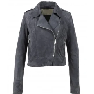 Zulina Petrole - Blouson Biker Court Cuir Veritable Chevre Velours^OAKWOOD Online